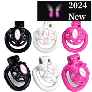 New Butterfly Simulated Vagina Chastity Lock Disguised Lower Body Chastity Device Penis Abstinence Cock Cage with 4 Rings 18+